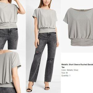 Express, Metallic Short Sleeve Rouched Banded Top, Size Medium, Metallic Silver